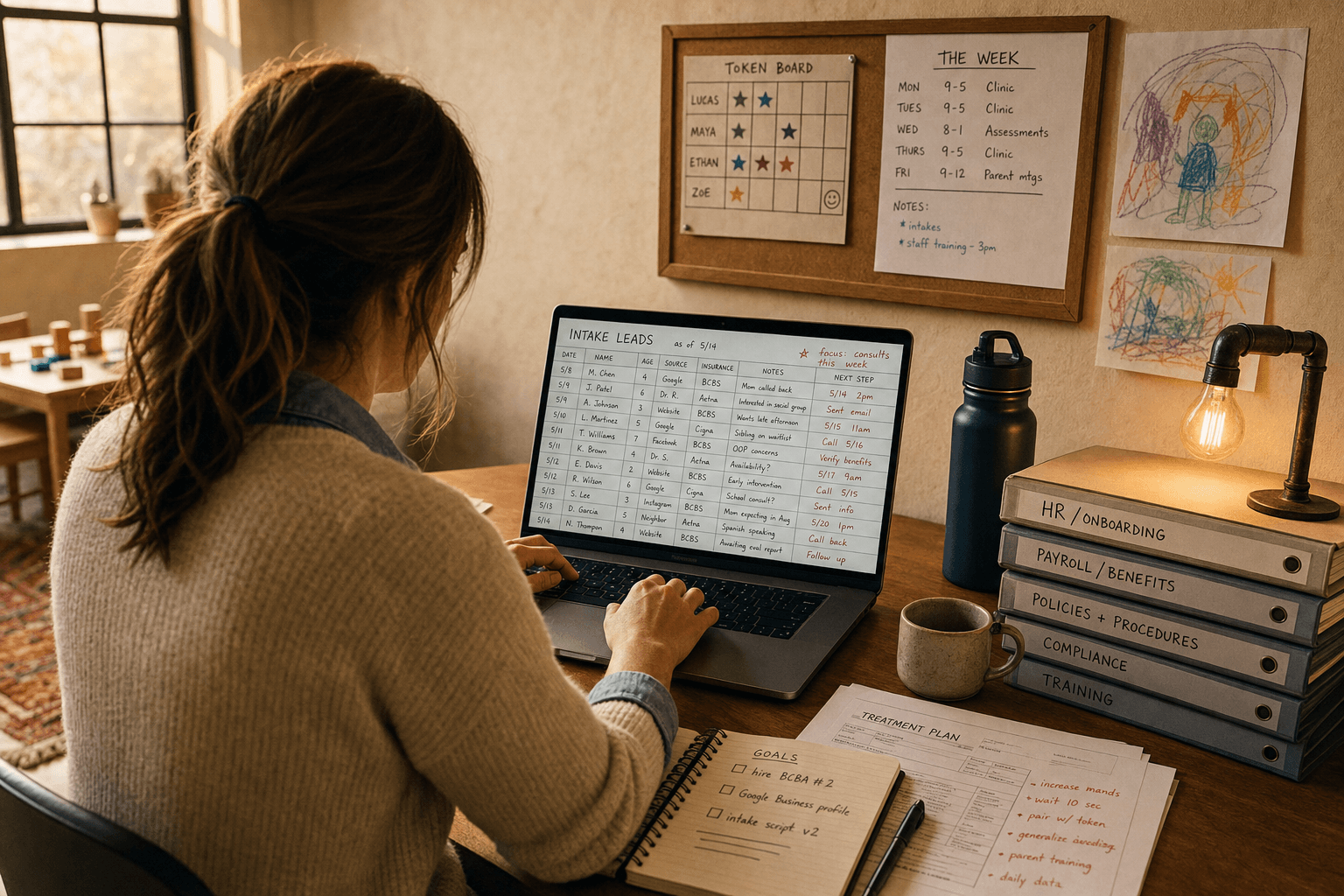Founder-operator at a corner desk inside her single clinic — laptop, notebook with goals, single token board behind. Hands-on, scrappy.